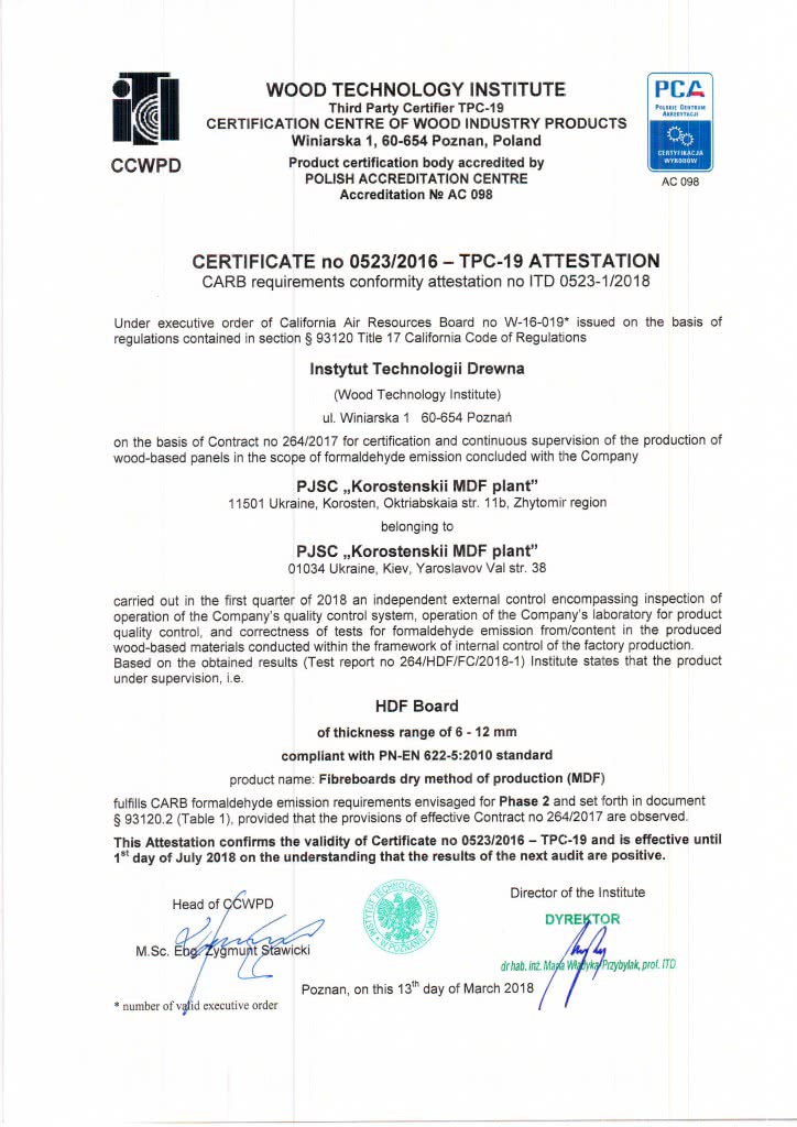 Certificates manufacturer MDF Rezult